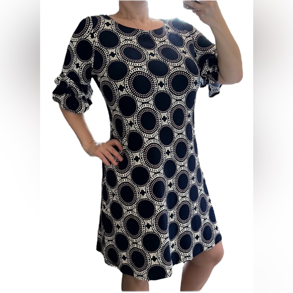 Ronni Nicole Navy Cream Geometric Print Flutter Sleeve Women’s Dress